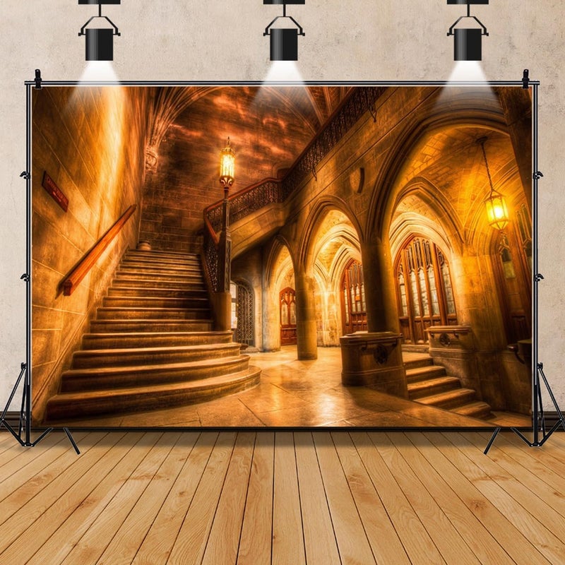 AOFOTO 7x5ft Vintage Medieval Castle Interior Backdrop Retro Archway Columns Photography Background Old Stairway Dim Light Architecture Pillars Photo Studio Props Artistic Portrait Vinyl Wallpaper - Image 5